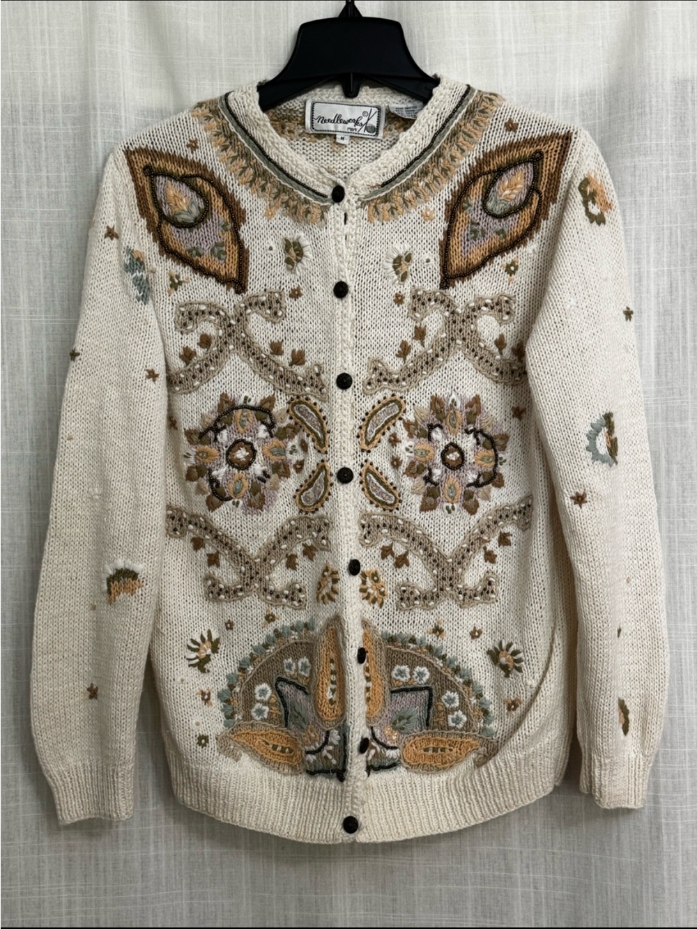 Vintage Needleworks Ivory Embroidered Beaded Cardigan Sweater Size M